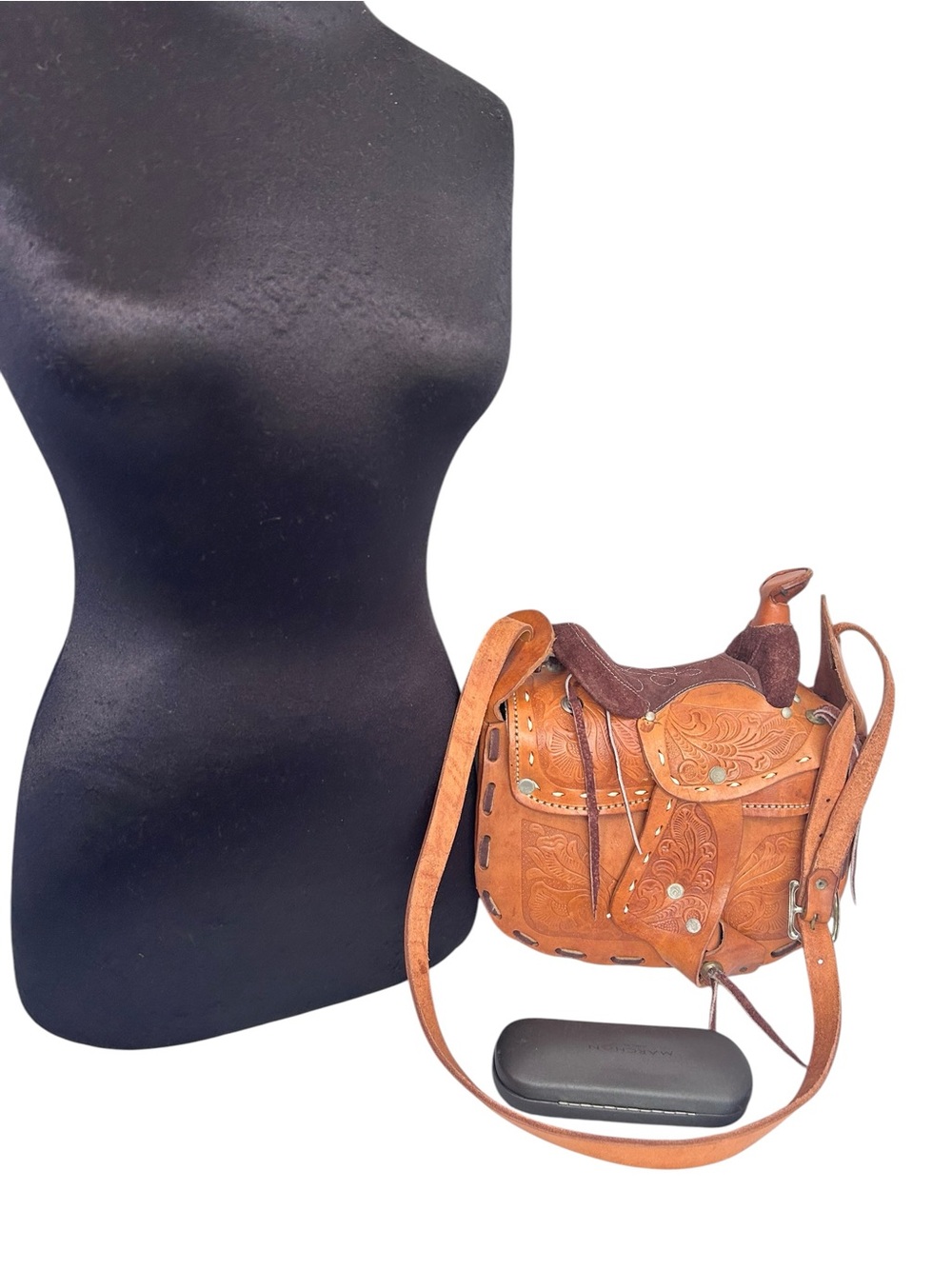 Horse Saddle Shoulder Bag Hand Tooled Brown Suede And Tan Leather Purse Vintage - Picture 4 of 16
